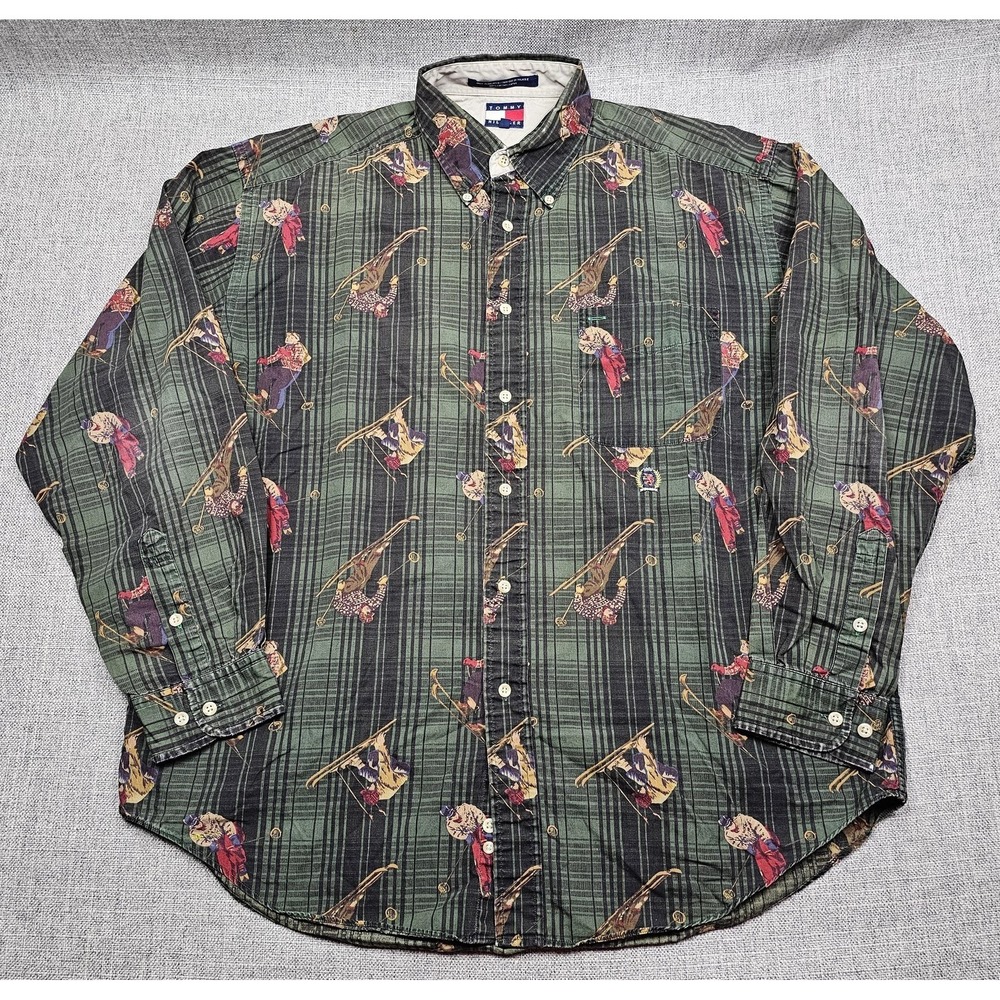 VTG Tommy Hilfiger Shirt Mens Large Green Ski Skier Graphic Button Down Cotton
